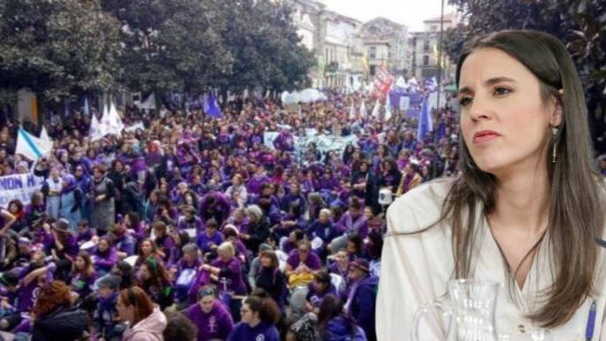 Irene Montero y una imagen de la masiva manifestación