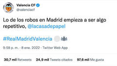 El tuit del Valencia CF sobre los “robos” del Real Madrid que revoluciona el fútbol
