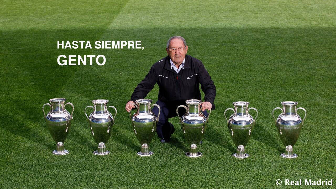 Paco Gento, posando con las seis Copas de Europa que consiguió con el Real Madrid. FOTOGRAFÍA: REAL MADRID. 