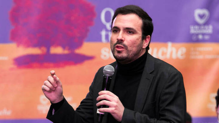 El ministro de Consumo, Alberto Garzón, durante una intervención en un mitin de Unidas Podemos.