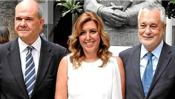 Los expresidentes del PSOE en la Junta de Andalucía: Manuel Chaves, José Antonio Griñán y Susana Díaz.