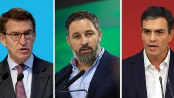 Los líderes del PP, Alberto Núñez Feijóo, de Vox, Santiago Abascal, y del PSOE, Pedro Sánchez.