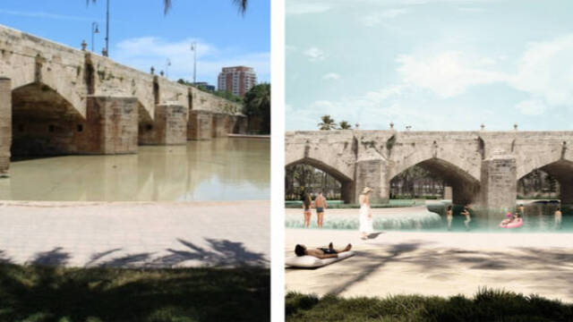 A la izquierda, el estado actual de la charca bajo el Puente del Mar y, a la derecha, la recreación de la piscina natural.
