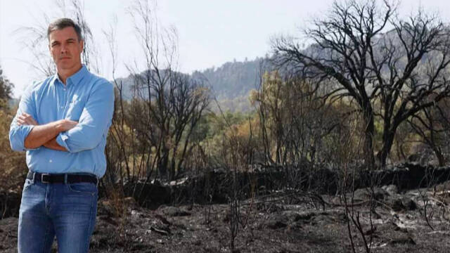 Pedro Sánchez posa ante los incendios de Extremadura