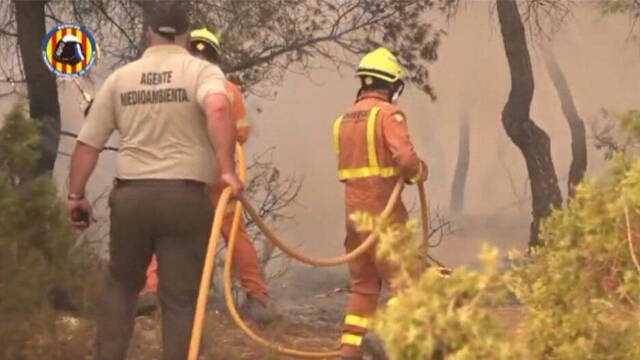 Un agente forestal junto a dos bomberos en un incendio.