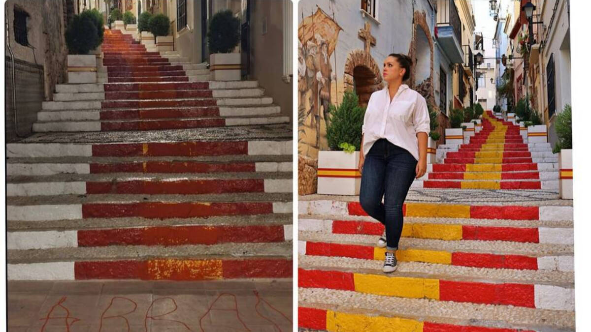 La escalera de España de Calpe vandalizada y en su aspecto normal