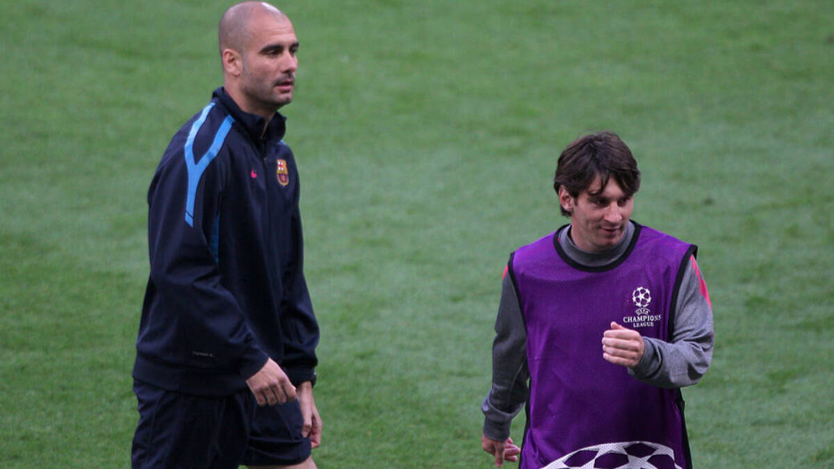 Leo Messi y Pep Guardiola durante un entrenamiento.