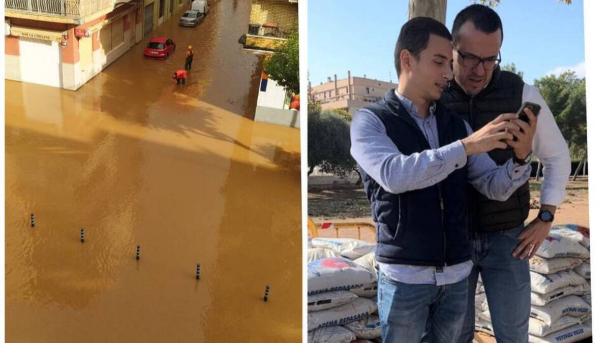 Jesús Molins y Vicent Mompó observan las calles de Aldaya inundadas