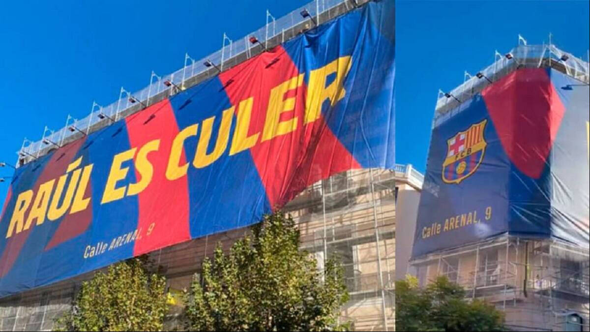 Pancarta que anuncia la tienda oficial del Barcelona. 