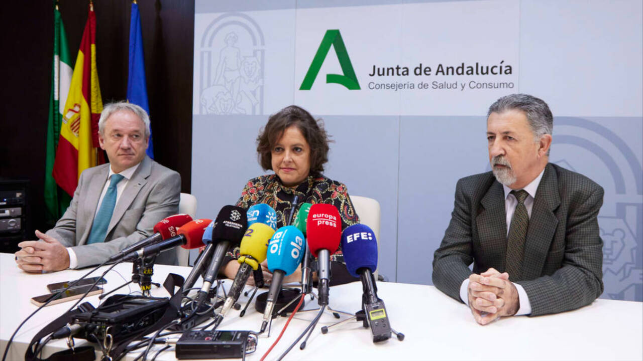 La consejera de Salud de la Junta de Andalucía, Catalina García, anuncia el acuerdo con el presidente del Sindicato Médico Andaluz (SMA), Rafael Carrasco; y el gerente del SAS, Diego Vargas.