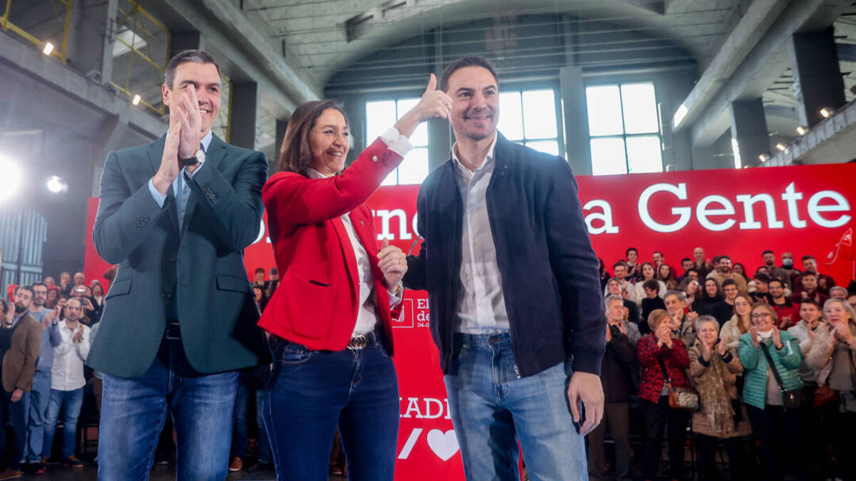 Pedro Sánchez este sábado junto a la candidata a la alcaldía de Madrid, Reyes Maroto, y al candidato a la Comunidad, Juan Lobato