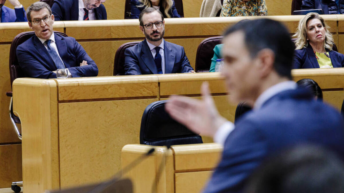 El líder del PP, Alberto Núñez Feijóo, escucha el discurso del presidente del Gobierno, Pedro Sánchez, en el Senado.