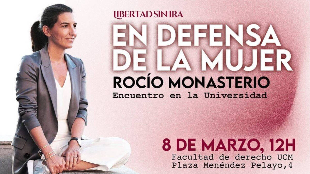 Cartel del anuncio de la charla que dará este 8M en la Facultad de Derecho de la UCM la portavoz de Vox, Rocío Monasterio.