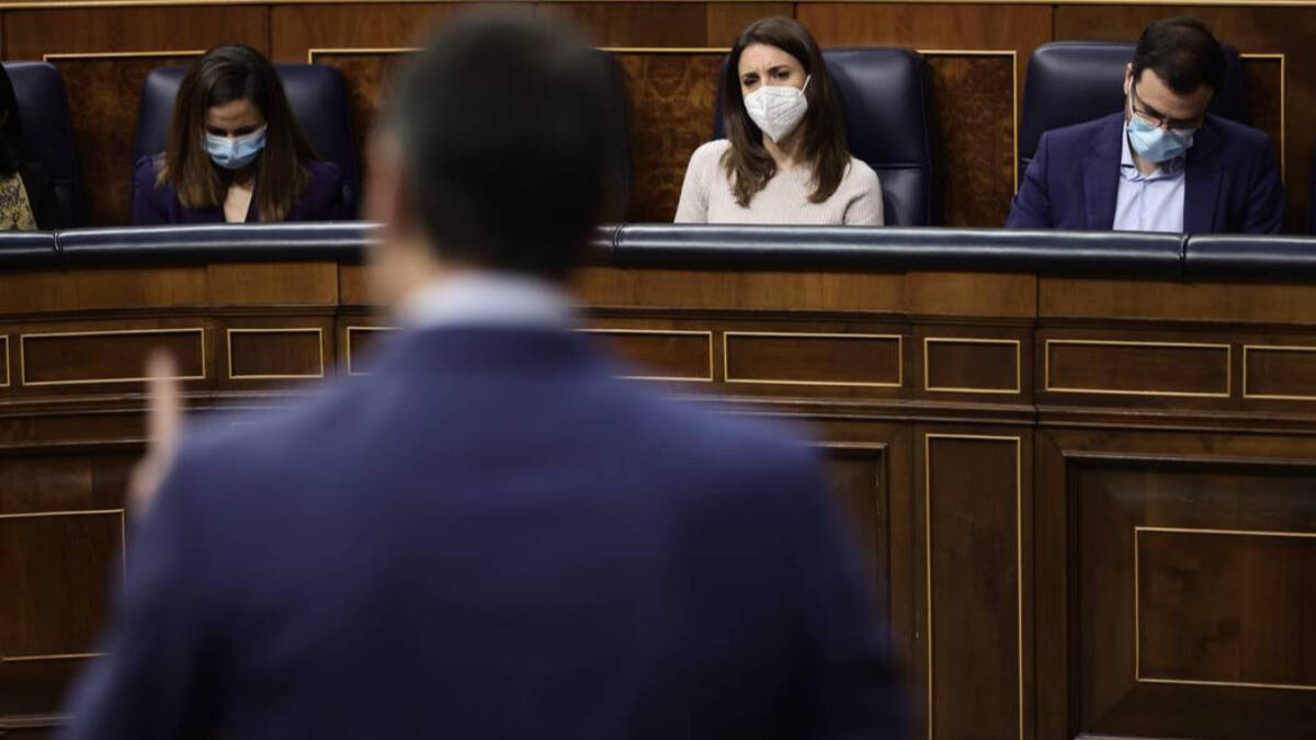 El presidente del Gobierno, Pedro Sánchez, interviene en el Congreso de los Diputados ante sus socios de Unidas Podemos.
