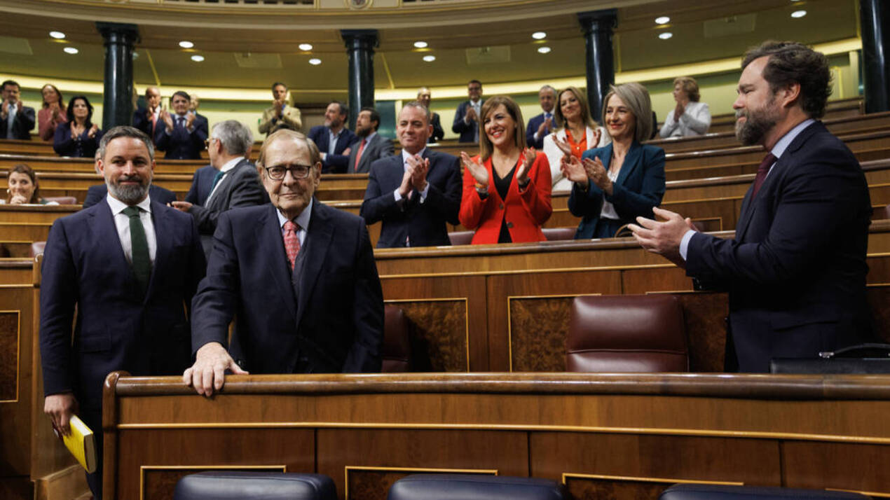 El candidato, Ramón Tamames, durante un momento del debate de la moción de censura en el Congreso