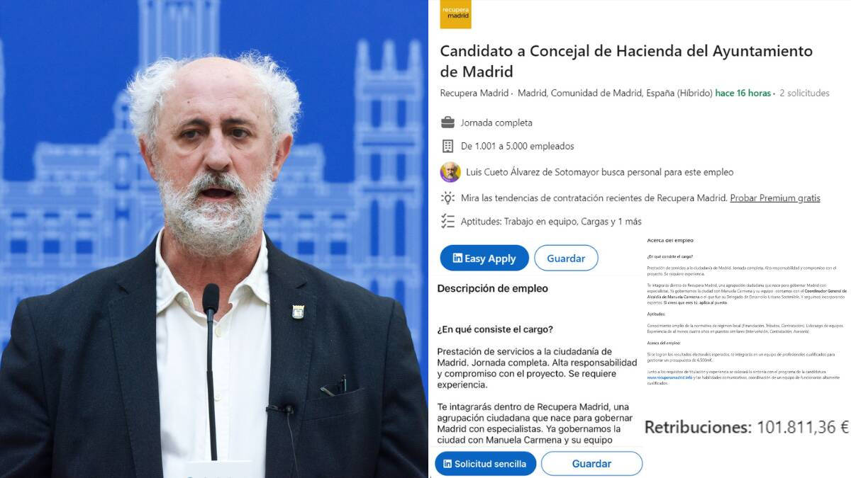 El concejal del Grupo Mixto y miembro de Recupera Madrid Luis Cueto y a la derecha, la oferta de Linkedin para buscar concejal de Hacienda.