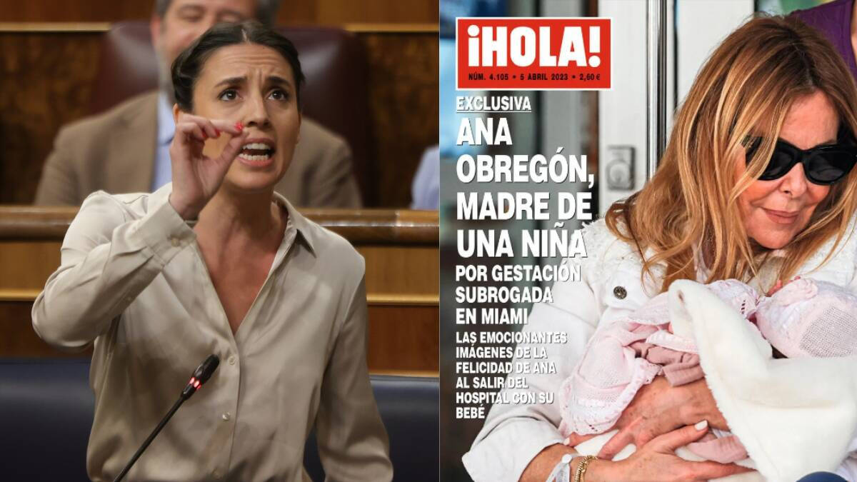 A la izquierda la ministra de Igualdad, Irene Montero, y a la derecha la portada del Hola dando la noticia del nacimiento de la hija de Ana Obregón por gestación subrogada.