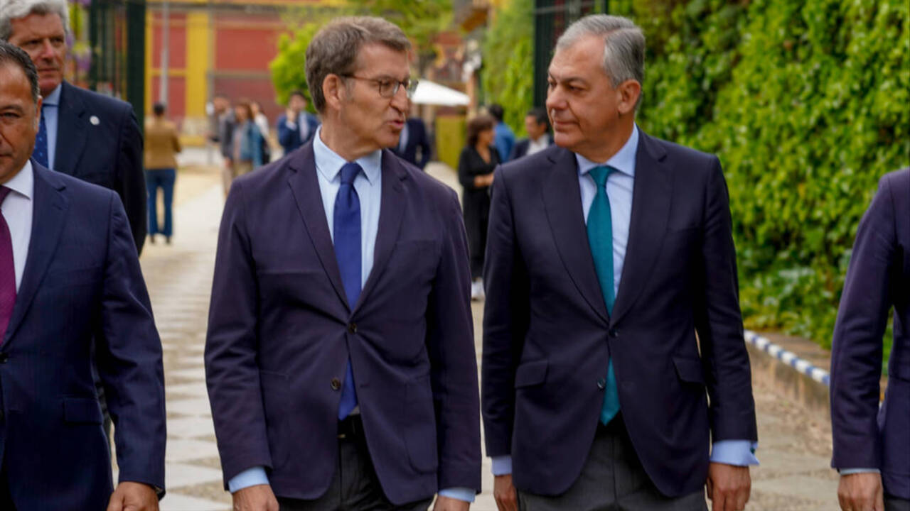 El presidnete del PP, Alberto Núñez Feijóo, junto al candidato a la alcaldía al Ayuntamiento de Sevilla, José Luis Sanz.