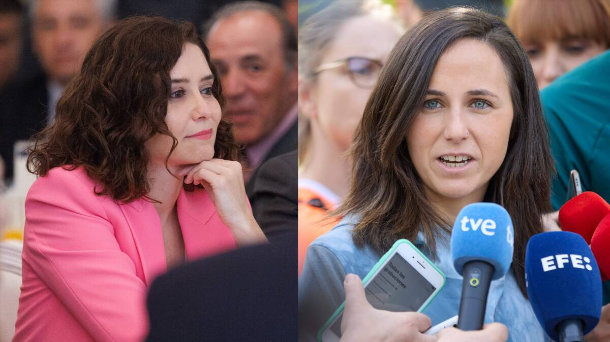 La presidenta de la Comunidad de Madrid, Isabel Díaz Ayuso (izq.) y la secretaria general de Unidas Podemos, Ione Belarra (der.)