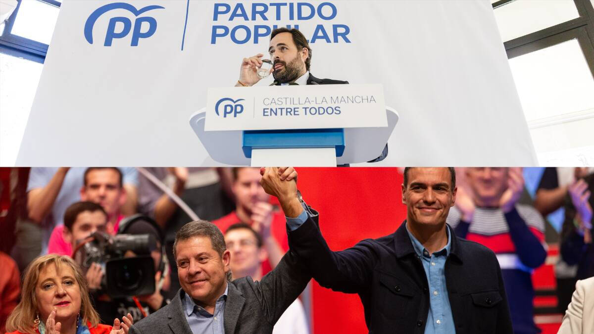 El presidente del PP en CLM, Paco Núñez (arriba); el presidente de CLM, Emiliano-García-Page; y el presidente del Gobierno, Pedro Sánchez (abajo)