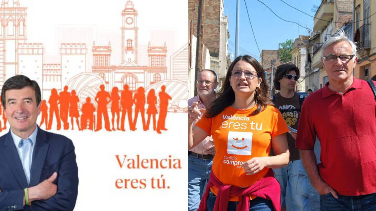 A la derecha, lema de campaña de Giner para las próximas elecciones municipales, a la izquierda, Mónica Oltra, junto a Joan Ribó, con un camiseta con el lema utilizado por Compromís para las elecciones del 2011