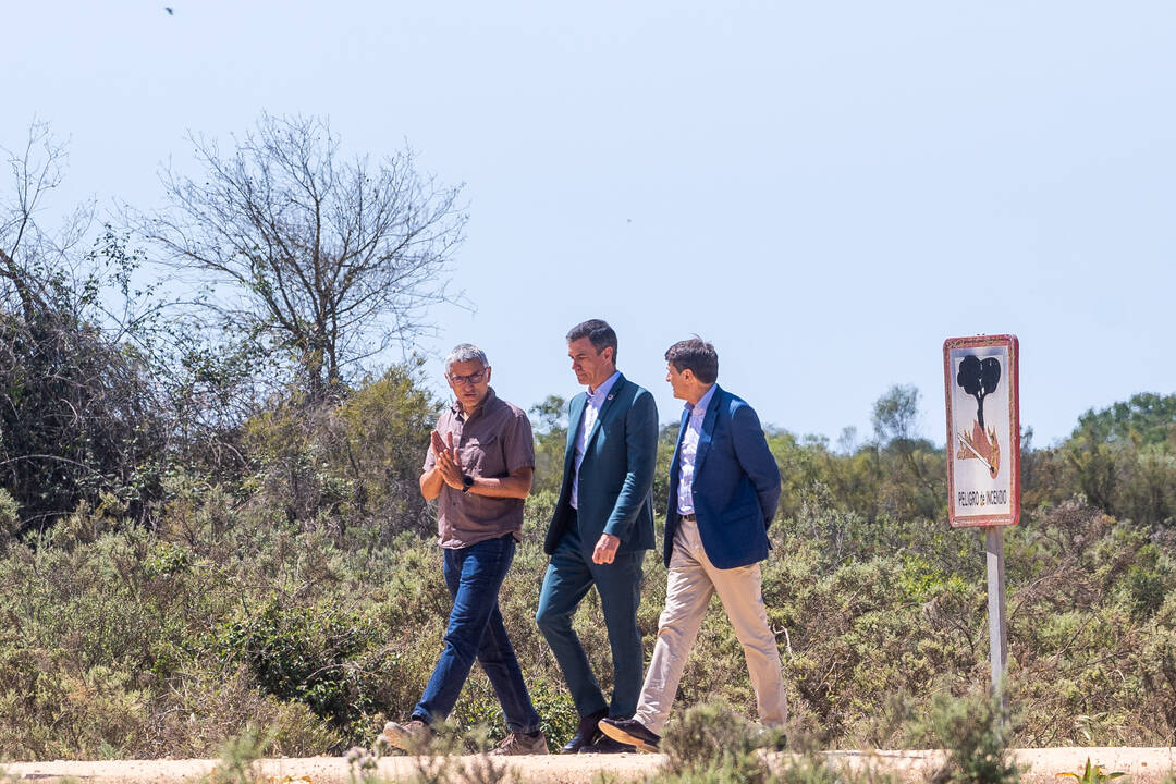 Pedro Sánchez con el delegado del Gobierno en Andalucía, Pedro Fernández  y el director de la Estación Biológica de Doñana, Eloy Revilla, en  Doñana (Huelva),