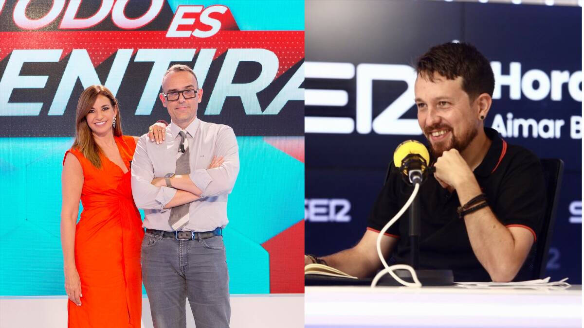 Mariló Montero y Risto Mejide, presentadores de Todo es Mentira (izq.); y Pablo Iglesias, en la Cadena SER (der.)
