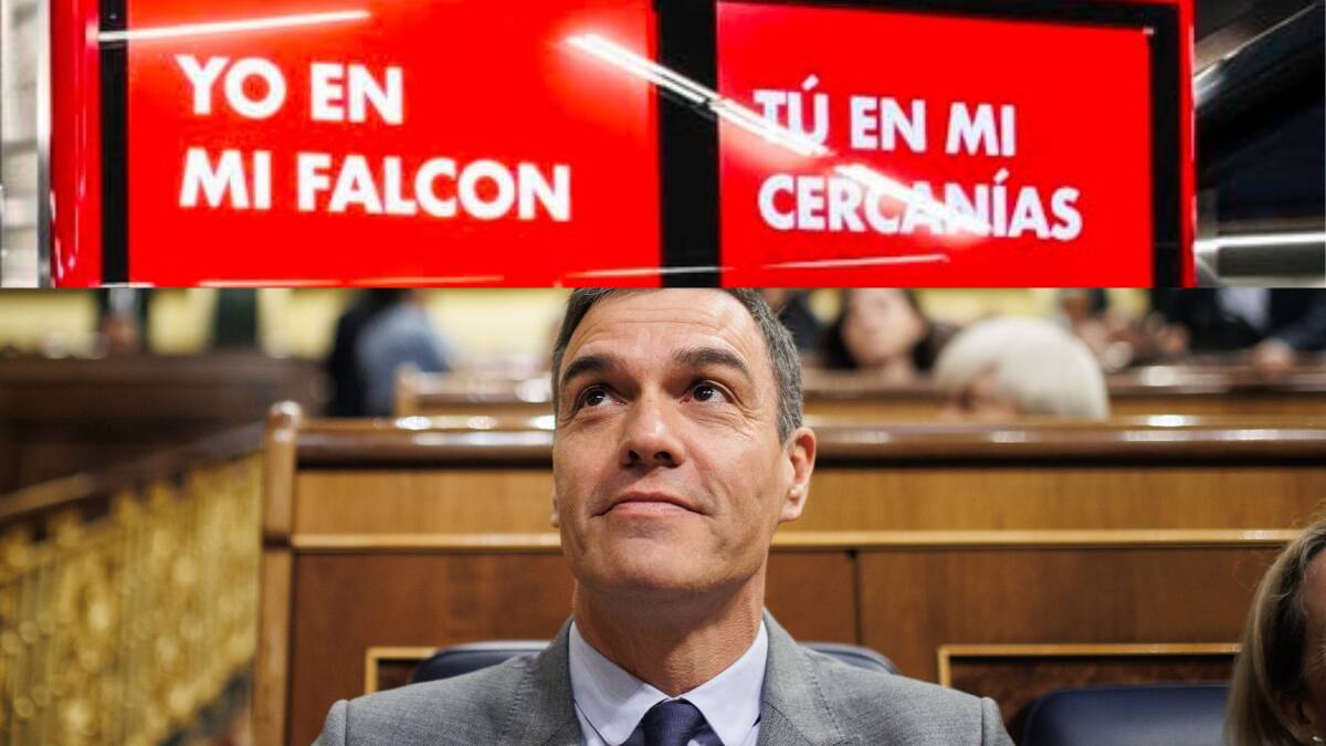 Uno de los carteles de la campaña comparando el Falcon con el Cercanías y el presidente del Gobierno, Pedro Sánchez.
