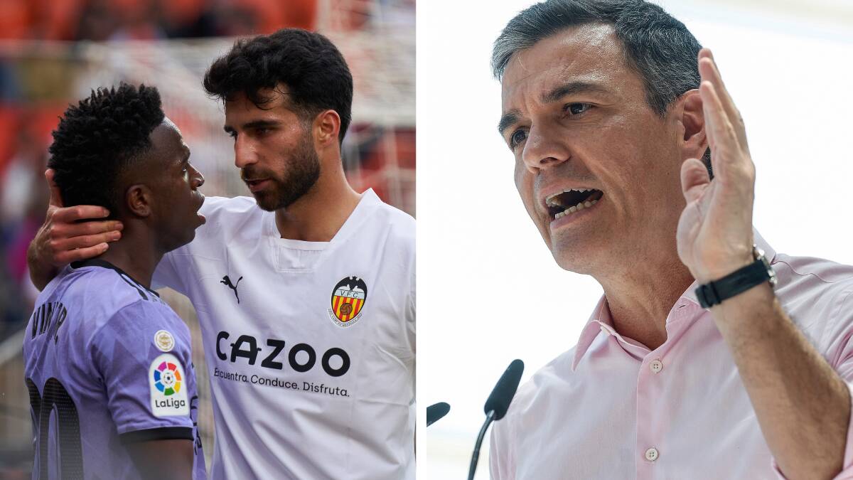 Eray Cömert, jugador del Valencia, calmando a Vinicius tras lo ocurrido/Pedro Sánchez, presidente del Gobierno. 