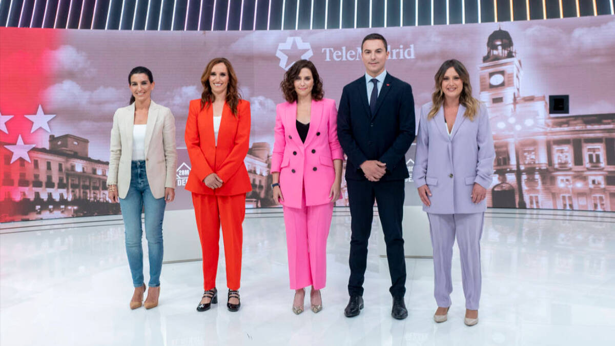 Los candidatos a la presidencia de la Comunidad de Madrid el 28 de mayo: Rocío Monasterio, Mónica García, Isabel Díaz Ayuso, Juan Lobato y Alejandra Jacinto.