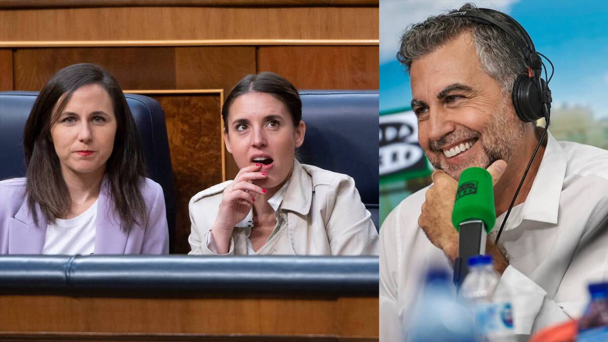 Las ministras de Podemos, Ione Belarra e Irene Montero; y el presentador de Ondacero, Carlos Alsina.