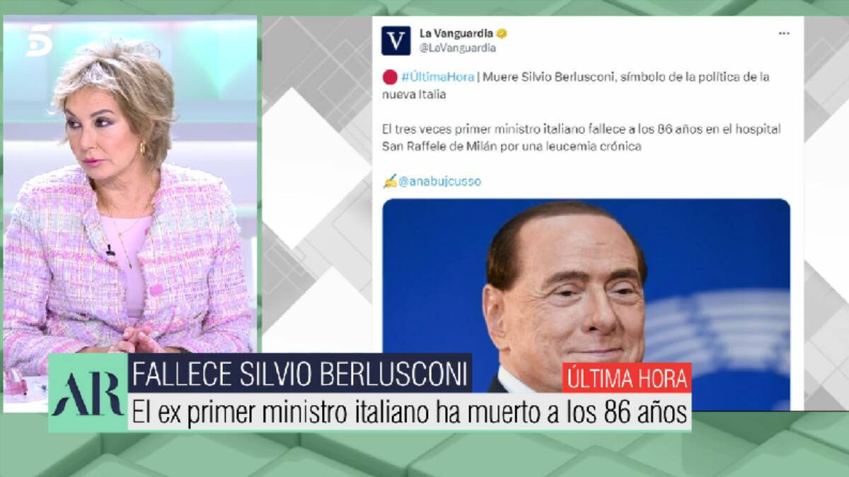 Ana Rosa Quintana anuncia en directo en Telecinco la muerte de Silvio Berlusconi.