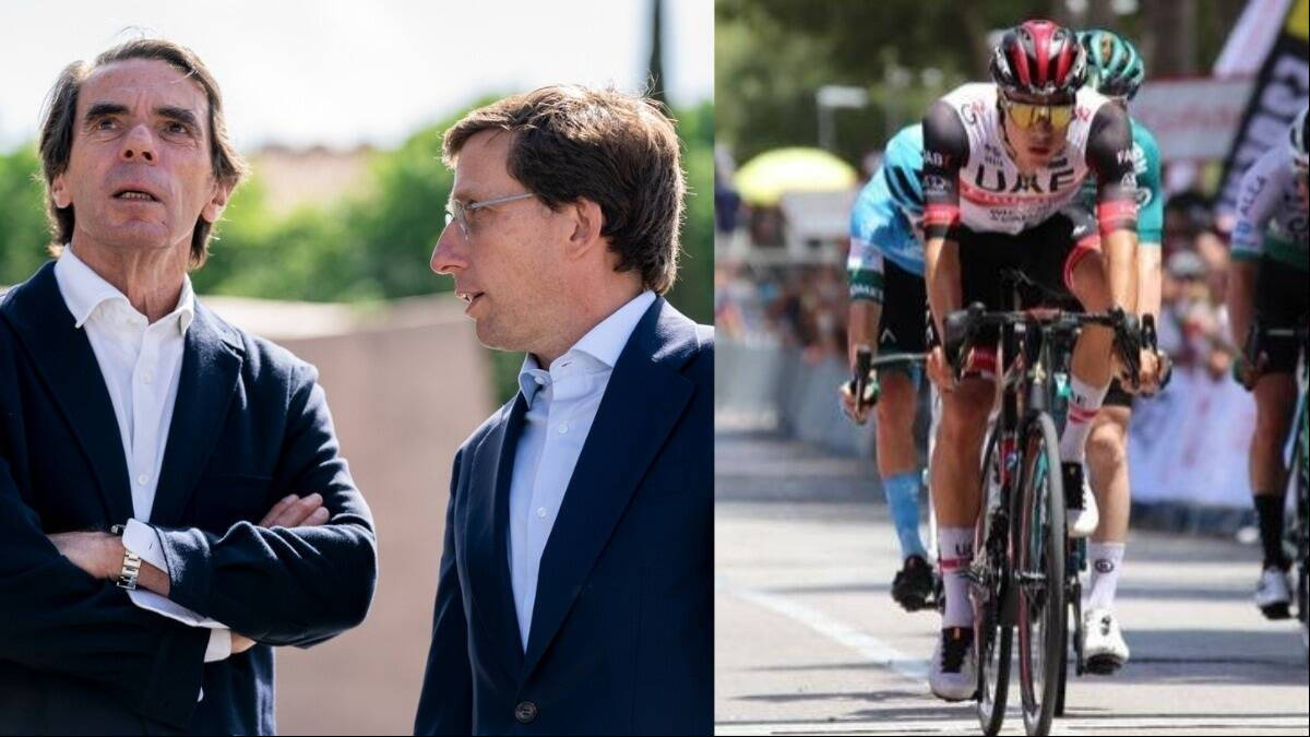A la izquierda de la imagen, José María Aznar justo a José Luis Martínez-Almeida. A la derecha, Juan Ayuso, el ciclista del UAE. 