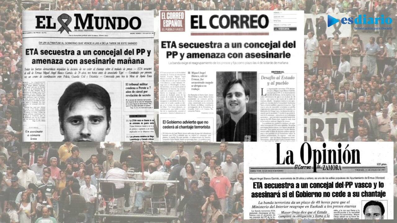 Montaje con las portadas de periódicos de hace 26 años en los que se anuncia el secuestro del concejal del PP Miguel Ángel Blanco