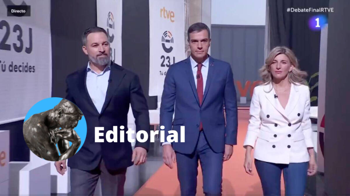 Santiago Abascal, Pedro Sánchez y Yolanda Díaz a su llegada al plató de TVE para el debate electoral 