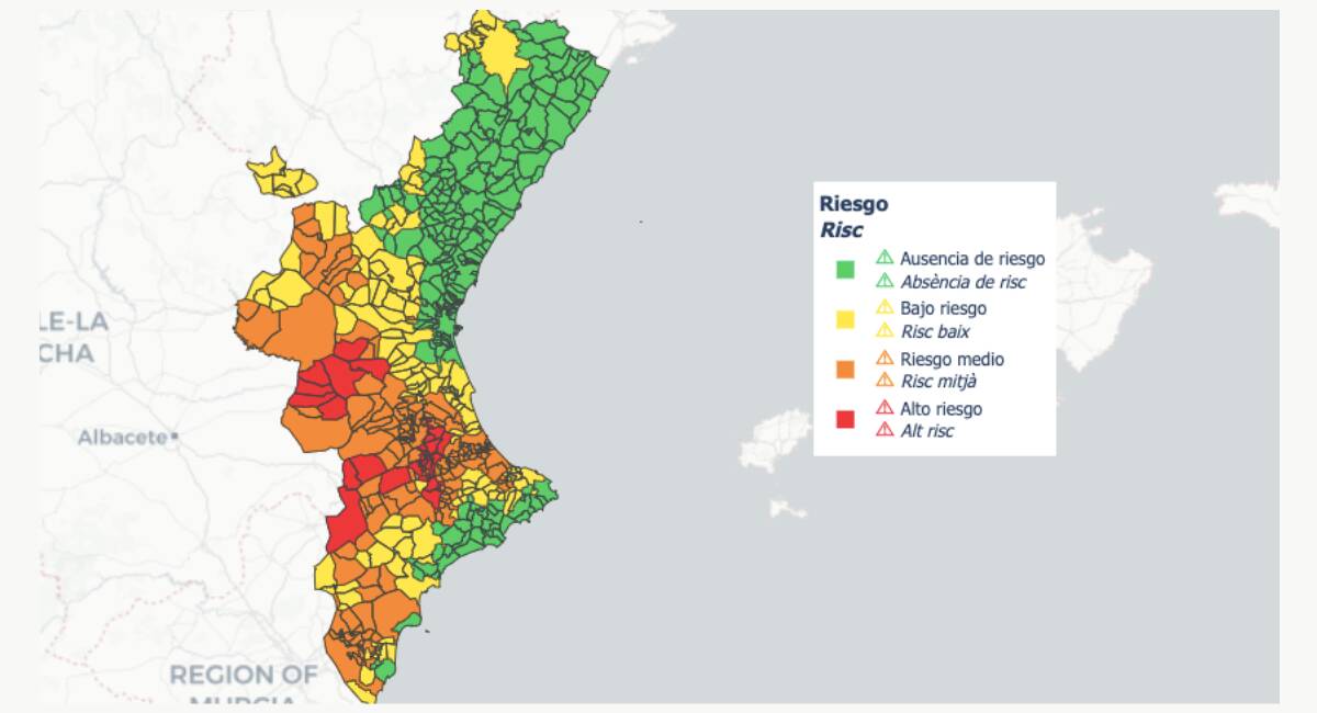 Mapa de con los niveles de riesgo por municipios - GVA