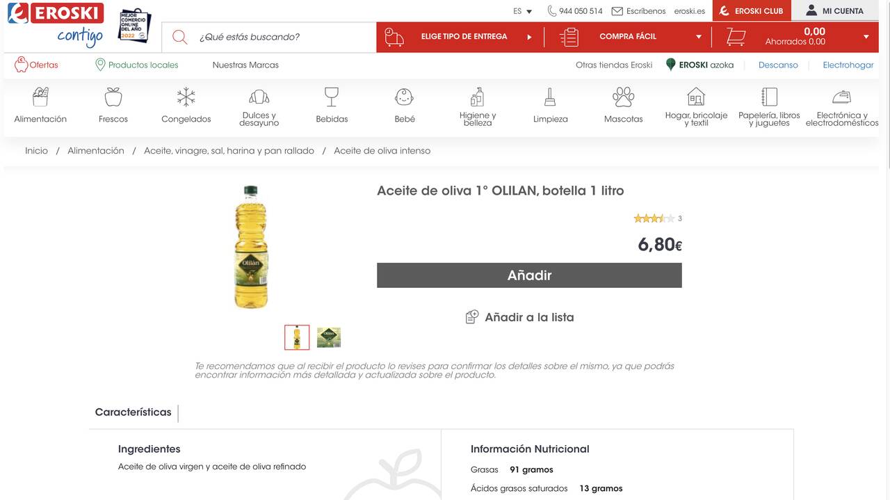 Botella de aceite de la web de Eroski, marca Olilan