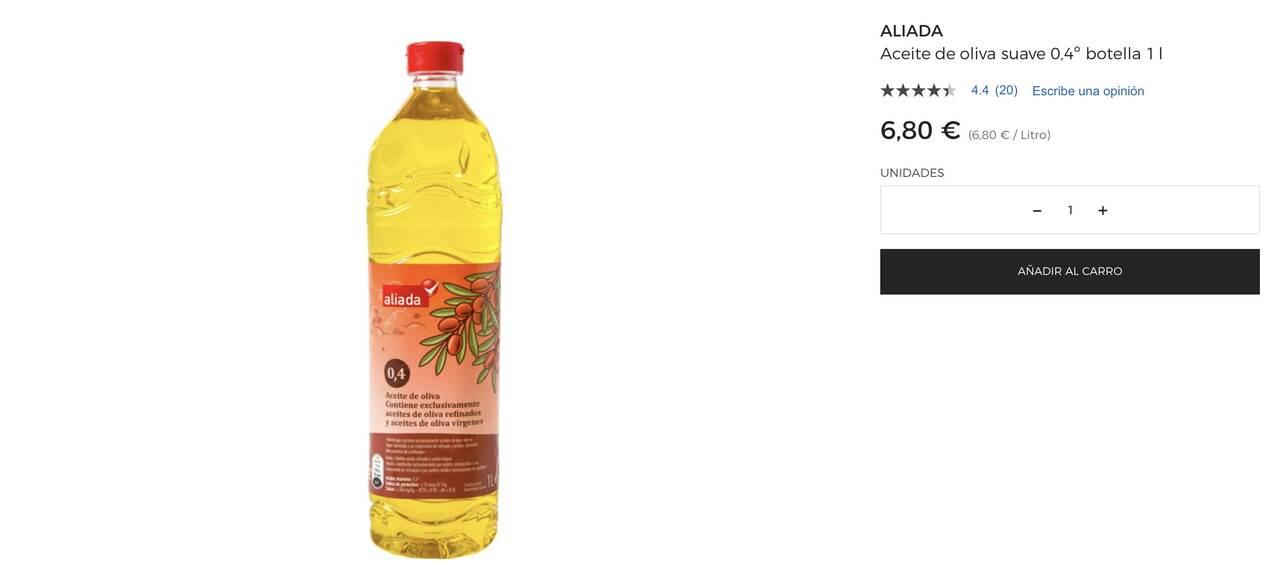 Botella de aceite Aliada, marca blanca de Hipercor