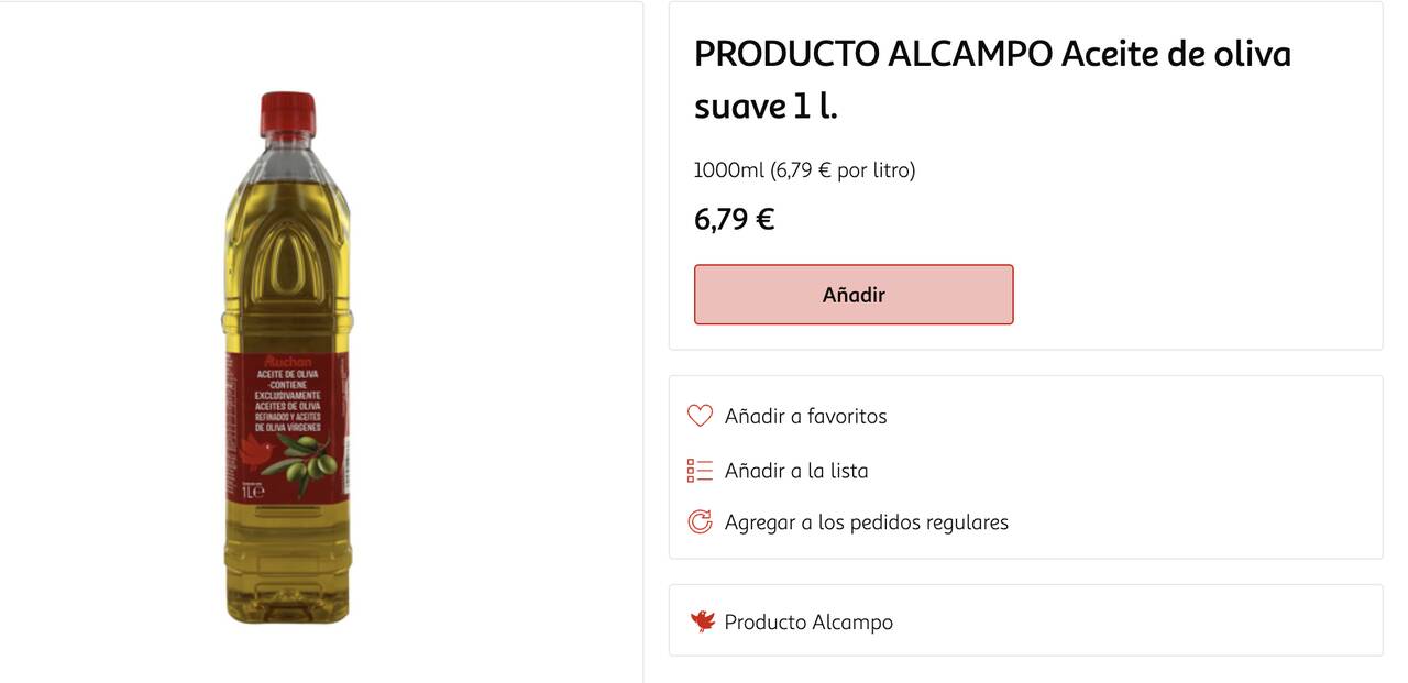 El aceite de oliva de Alcampo se vende también a 6,79 euros la botella de un litro