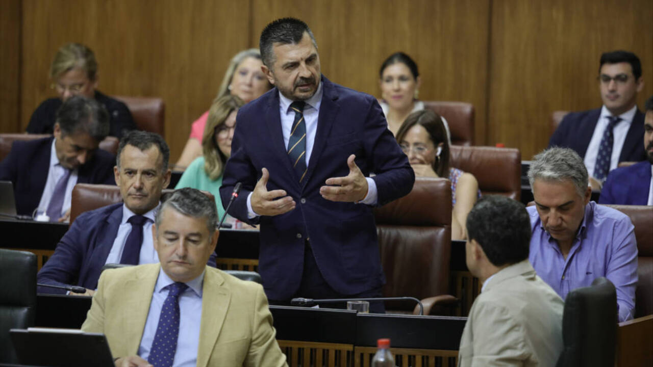 El portavoz del Grupo Parlamentario PP, Toni Martín, en el pleno del Parlamento andaluz.