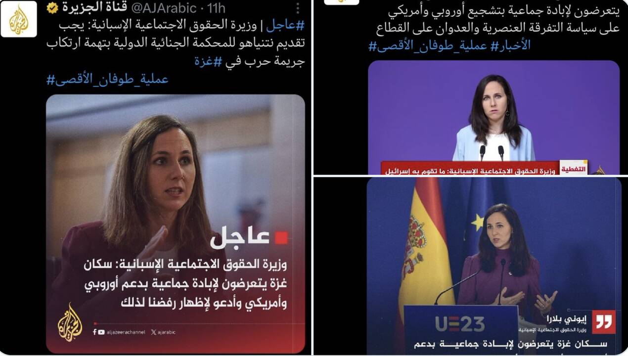 Captura de tres mensajes de Al Jazeera  en X haciendo referencia a las palabras de Ione Belarra