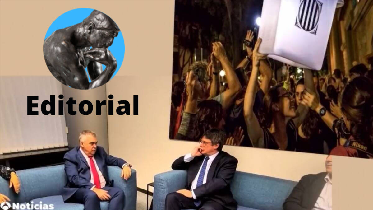 Reconstrucción realizada por Antena 3 de la imagen de la reunión entre Puigdemont y Santos Cerdán, con la fotografía detrás de ellos de la urna del 1-O.