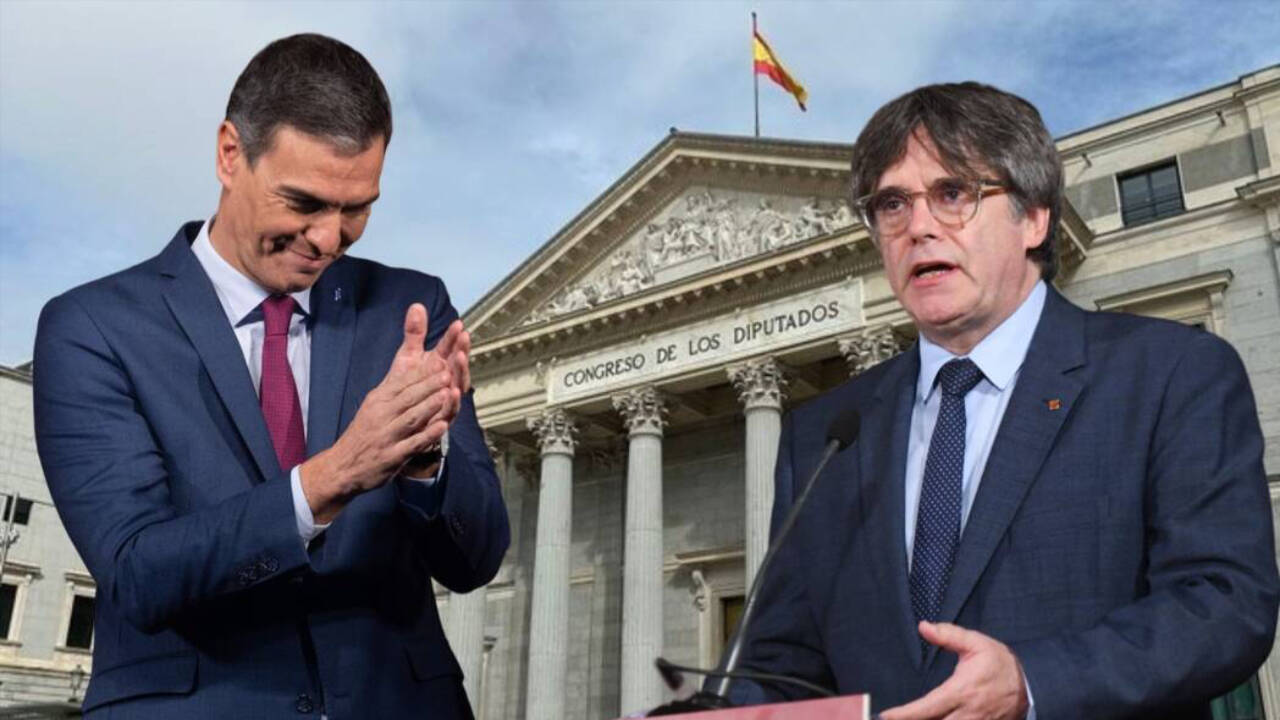 Fotomontaje con Pedro Sánchez y Carles Puigdemont con el Congreso de los Diputados al fondo