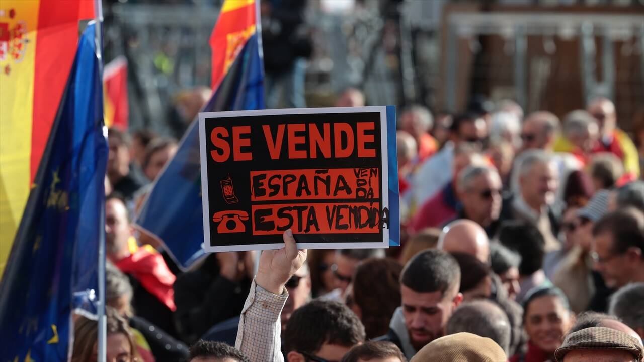 Una pancarta durante una manifestación contra la amnistía, en la Puerta del Sol, a 12 de noviembre de 2023, en Madrid (España).  Fuente: Jesús Hellín, Europa Press. 