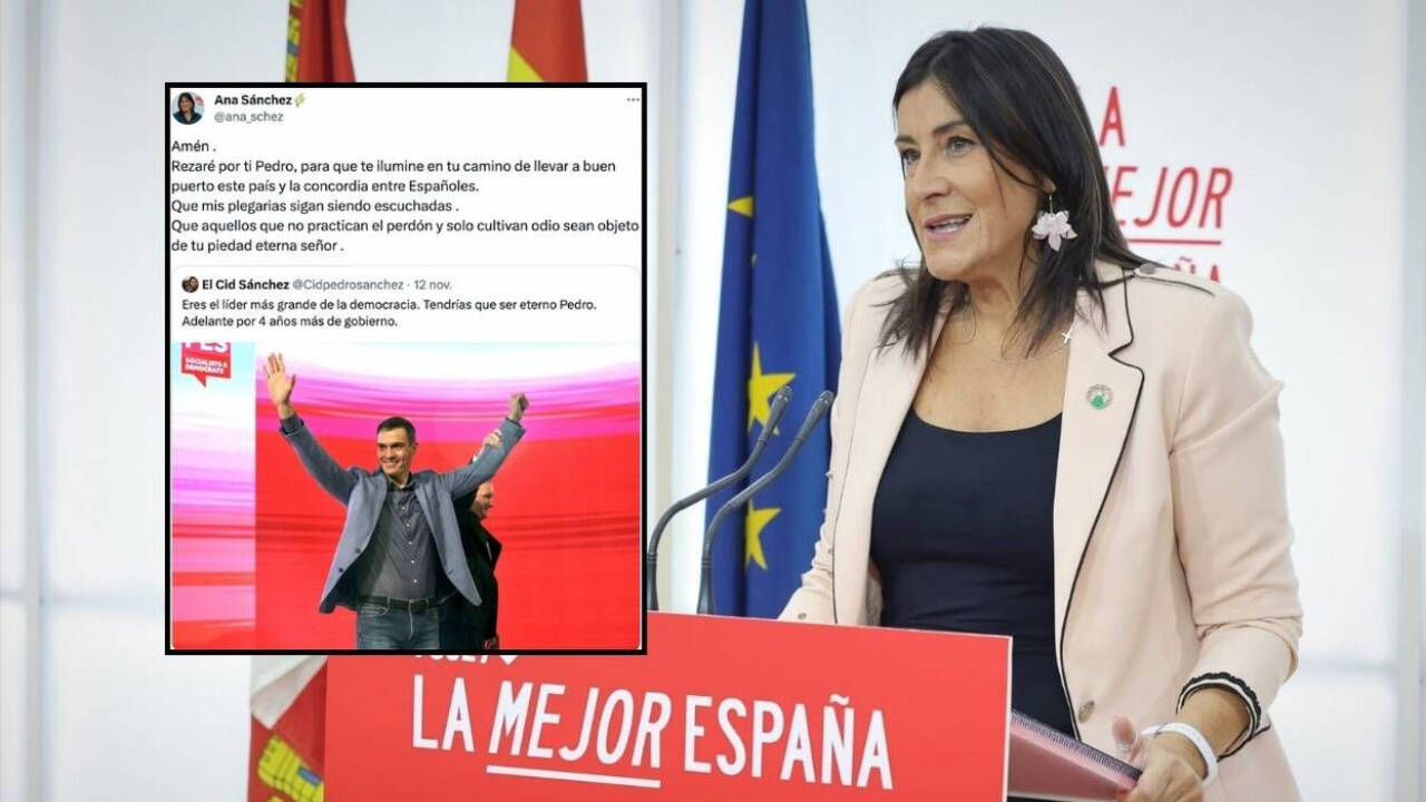 Montaje con la socialista Ana Sánchez y su polémico mensaje en X con una oración por Sánchez