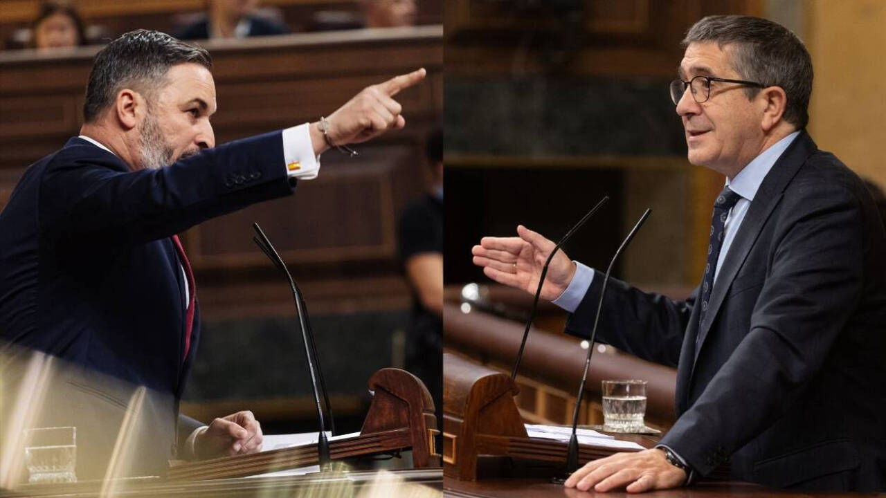 Santiago Abascal y Patxi López en un momento de sus intervenciones en el Congreso este martes