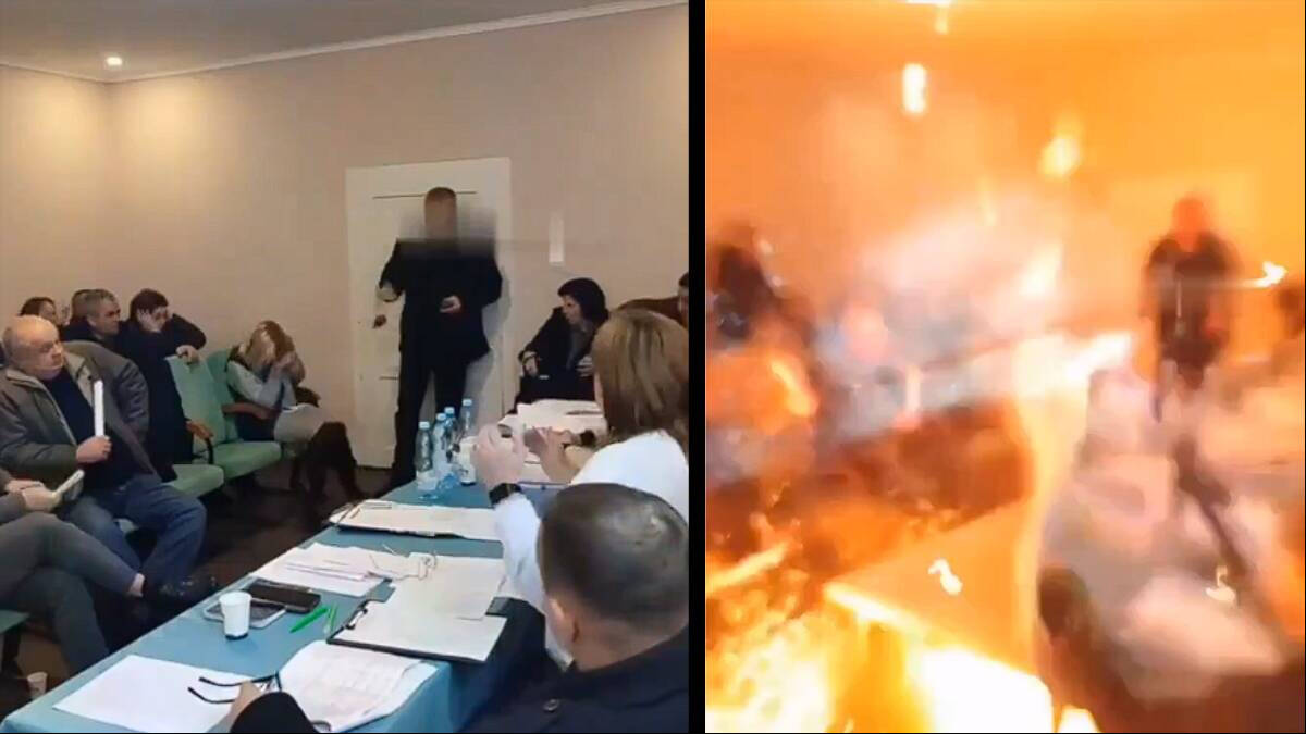 Imágenes del vídeo en el que un concejal lanza hasta tres granadas de fragmentación en un pleno de un Ayuntamiento en Ucrania.
