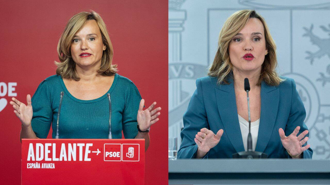 Montaje con Pilar Alegría como portavoz del PSOE y del Gobierno hablando desde Ferraz y desde la Moncloa