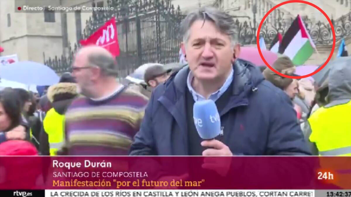 TVE durante la cobertura de la manifestación por el vertido de pellets en Santiago de Compostela.