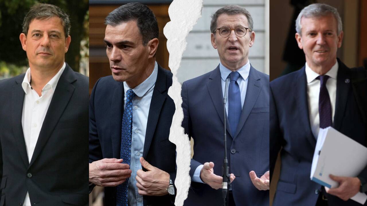 En la imagen se ven, por orden, a Gómez Besteiro, Pedro Sánchez, Núñez Feijóo y Alfonso Rueda